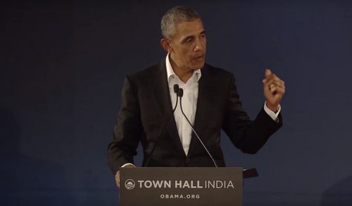 President Obama speaking at a townhall in Delhi.