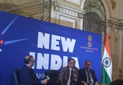 Reforms are working great, but more needed: Arvind Panagriya Prominent economist Arvind Panagriya (center) delivering the inaugural New India Lecture Series in New York on January 22.