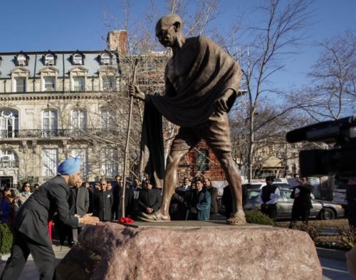 Indian Ambassador to the United States Navtej Sarna paying floral tributes at the statue of Mahatma Gandhi at a Republic Day event in Washington, DC, on January 26, 2018.