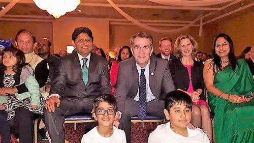 Gov. Ralp Northam (center) at the Republic Day event in Richmond. Also seen are Pramod Amin (left), Sanjay Mittal (second from left), First Lady Pamela Northam (second from right( and Sunita Gupta.