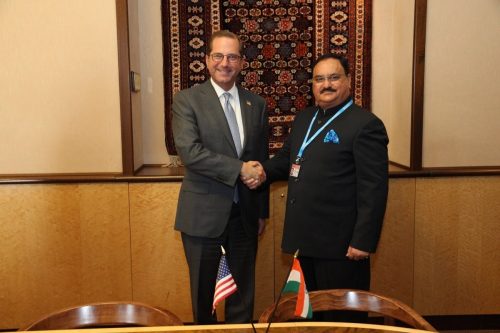 Department of Health & Human Services Alex Azar (left) with India's Minister of Health and Family Welfare J.P. Nadda in Geneva.