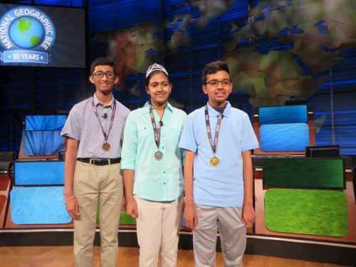 Indian American whiz kids make a clean sweep at 2018 National Geographic Bee Winners of the 2018 National Geographic Bee, from right to left: Venkat Ranjan, 13 of California, the champion; Anoushka Buddhikot, 13, of New Jersey in second place; and Vishal Sareddy, 14, of Georgia in third position