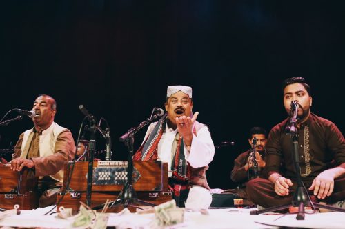 Qawwals Fareed Ayaz (center) and Abu Muhammad (left) performing at Warner Theater in Washington, DC,