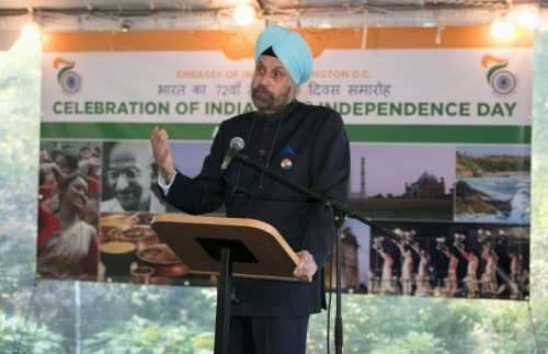 Ambassador Navtej Sarna addressing the gathering on the occasion of celebration of India's 72nd Independence Day at the Embassy Residence in Washington, DC, on August 15, 2018.