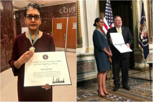 Indian American Minal Patel Davis was presented the 2018 Presidential Award for Extraordinary Efforts to Combat Trafficking in Persons by Secretary of State Mike Pompeo at the Interagency Task Force to Monitor and Combat Trafficking in Persons Annual Meeting held October 11 in the Eisenhower Executive Office Building next to the White House