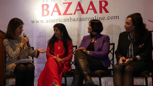Monika Samtani (left), President of Ms. Media, moderating a panel discussion, featuring Harmonia Holdings CEO Pallabi Saboo (second left), Ampcus CEO Ann Ramakumaran and EnDyna CEO Smita Siddhanti at the American Bazaar Women Entrepreneurs and Leaders Gala in Bethesda, MD, on November 16, 2018.