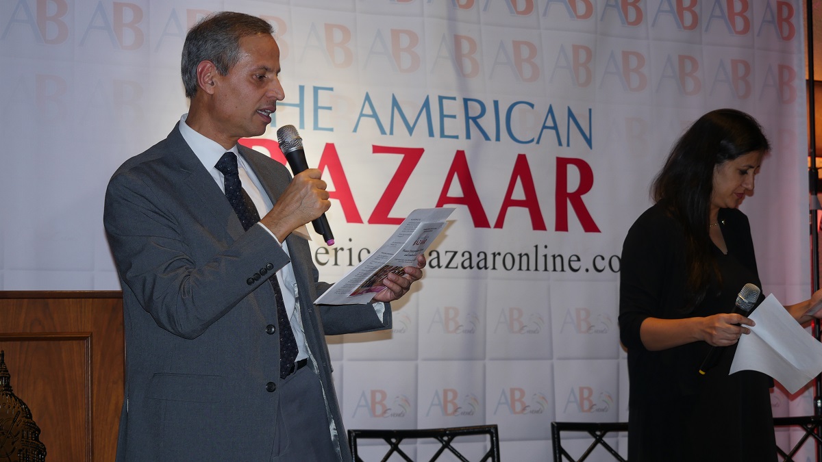 Venky Raghavendra (left), vice president of the Safe Water Network, and Pawan Bali, a journalist and documentary filmmaker, who served as the masters of ceremony at the American Bazaar Women Entrepreneurs and Leaders Gala in Bethesda, MD, on November 16, 2018.