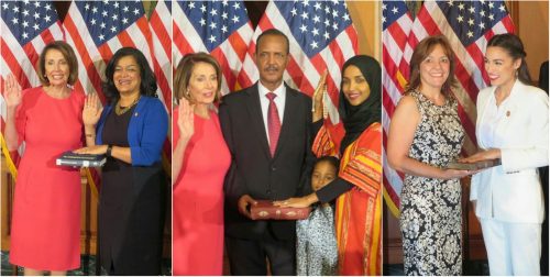 A record 102 women were sworn into the US House of Representatives by House Speaker Nancy Pelosi on January 3, 2019. Shown here, from left to right are: Rep. Pramila Jayapal, the first Indian-American woman elected to the House; Rep. Ilhan Omar, the first Somali-American, a refugee, elected to Congress; and Rep. Alexandria Ocasio-Cortez (far right), the youngest woman ever elected to Congress
