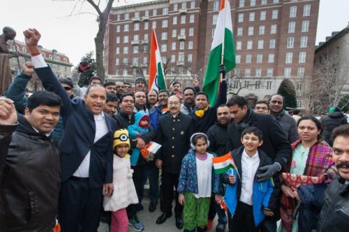 Indian Ambassador to the United States Harsh Vardhan Shringla with Indian Americans at outside the Embassy of India in Washington, on January 26, 2019.