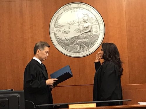 Presiding Judge Garrett L. Wong swearing in Vedica Puri on January 4, 2019. Ima