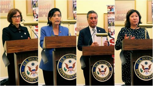 US lawmakers addressing a congressional briefing on the plight of civil immigration detainees. Seen from left to right are: Rep. Suzanne Bonamici (D-OR); Rep. Judy Chu (D-CA); Rep. Mark Takano (D-CA); and Rep. Grace Meng (D-NY). The event, titled 'Detention, Hunger Strikes, Deported to Death' was hosted by South Asian Americans Leading Together (SAALT) in partnership with immigrant justice groups