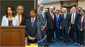 At the 2019 AAPI Legislative Day meet on Capitol Hill are seen: at left, Congresswoman Tulsi Gabbard (D-HI) addresses the gathering as AAPI president Dr. Naresh Parikh (center) and legislative chairman Dr. Vinod Shah look on; and at right, Indian Ambassador Harsh Vardhan Shringla is flanked by the AAPI leadership. Seen third from right is Congressman Andy Levin (D-MI)
