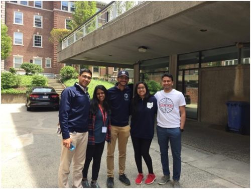 The leadership of the MetroHacks, from left to right: Abhinav Kurada (Co-founder), Shrunothra Ambati (Co-founder, chair of the board), Sushant Raj (board member, past director), Anushree Iyengar (past director), Aniruddh Iyengar (co-founder, past board member).