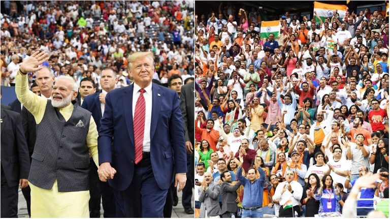 At left: President Donald Trump and Prime Minister Narendra Modi greet the massive crowd at an Indian-American community rally in Houston, Texas, on Sunday, September 22, 2019. At right: a cross-section of the 50,000-plus audience that attended the 'Howdy Modi' event to honor the Indian leader and recognize the stellar contributions of the diaspora