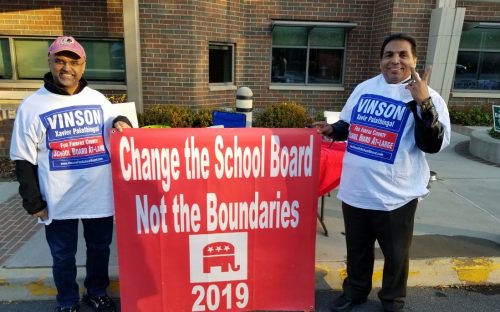 Fairfax County School Board candidate Vinson Palathingal (left), with campaign volunteer Madhu Nambiar, at a recent campaign event.