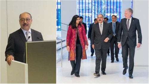 US-India Business Council (USIBC) hosted a farewell reception for outgoing Indian ambassador Harsh Vardhan Shringla, seen at left addressing the gathering of corporate leaders in Washington, DC. At right, from left to right are: USIBC president Nisha Desai Biswal; Ambassador Shringla; and Ralph Voltmer, a partner at Covington and Burling, LLP