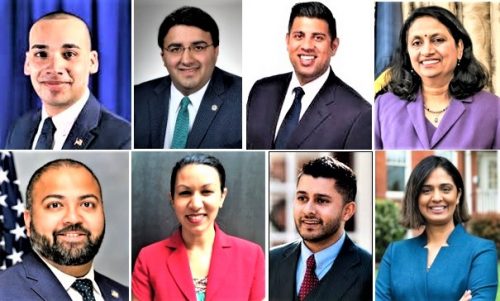 Indian Americans in politics. From top left clockwise: Connecticut Rep. Raghib Allie-Brennan, Ohio Rep. Niraj Antani, Jeremy Cooney, New Hampshire Rep. Latha Mangipudi, Rupande Mehta, New Jersey Rep. Raj Mukherji, Kesha Ram and New York Senator Kevin Thomas