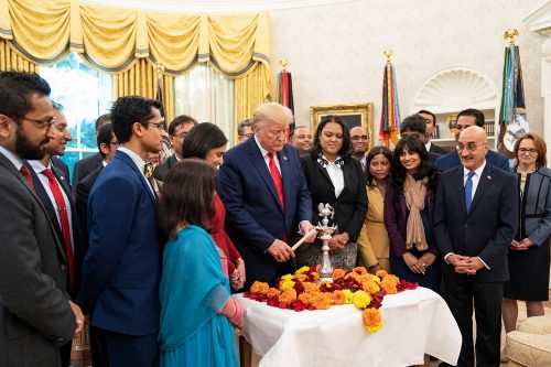 Trump greets Indians on Diwali, a festival that ushers in new beginnings President Donald Trump lights a Diwali 'diya' (lamp) in the Oval Office surrounded by Indian-Americans serving in his administration. Official White House Photo by Joyce N. Boghosian; October 24, 2019