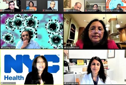 Indian American health experts educate community on covid-19 GOPIO Covid pane: Panelists, From top left clockwise, Dr. Arnab Ghosh, Dr. Sunanda Gaur, Dr. Monika Shah and Dr. Madhury (Didi) Ray