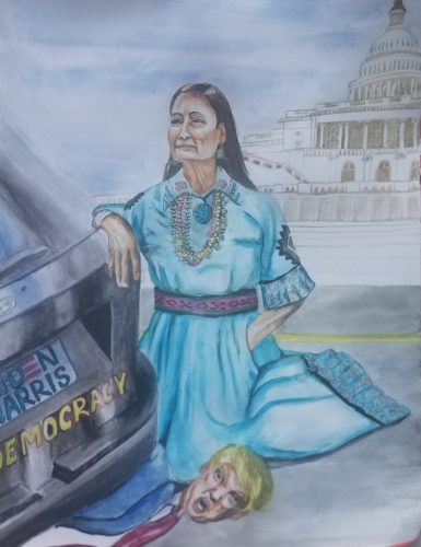 Indian American Sujata Tibrewala's painting â€œBloody Immigrantâ€ depicts Deb Haaland, the first ever Native American cabinet pick, kneeling over Trump, drawing a parallel to killing of George Floyd by a Minnesota police officer last summer.