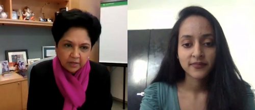 Indra Nooyi, left, in conversation with Esha Mittal, a freshman at Virginia Commonwealth University, at the virtual event â€œWater and Climate Change: Risk and Resilienceâ€, hosted by Safe Water Network to celebrate the World Water Day on March 22.