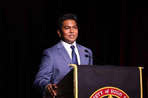 17-year-old Indian American Aaron George speaking at the National Society of High School Scholars' Day in National Harbor, near Washington, D.C., in August.