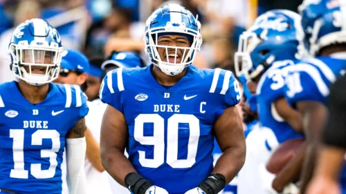 Duke’s footballer Dewayne Carter (Number 9, center) is among the notable athletes who initiated the antitrust lawsuit against the NCAA.