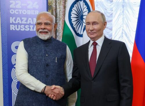 Indian Prime Minister Narendra Modi with Russian President Vladimir Putin on the sidelines of the BRICS summit, which began on October 22, 2024.