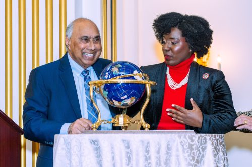 Maryland philanthropist Frank F. Islam presents King Legacy Award for Government and Public Service to Joanna McClinton, speaker of the Pennsylvania House of Representatives, at the 33rd International MLK Legacy Breakfast in Washington, DC, on January 19, 2025.