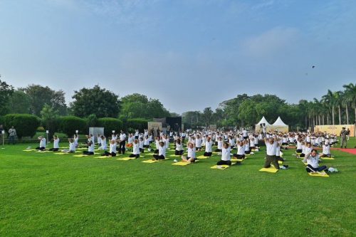 A scene from the International Day of Yoga celebration hosted by the Ministry of External Affairs in New Delhi, on June 21, 2025, where diplomats and ministry officials came together to perform yoga.