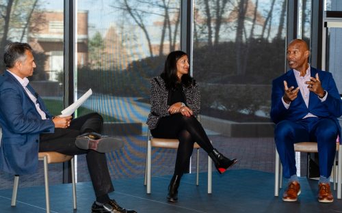 NFL legend Charles Mann (right) makes a point during The American Bazaar’s “Leadership @ Inflection Points” conference in Vienna, VA, on November 14. Also pictured are event curator Rohit Tripathi and Ampcus CEO Ann Ramakumaran. American Bazaar photo by E.K. Balachandran.