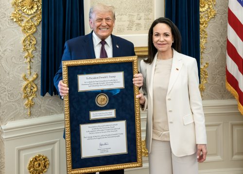 President Donald Trump with Venezuelan opposition leader María Corina Machado in the Oval Office on January 15, where she presented him with her Nobel Peace Prize.