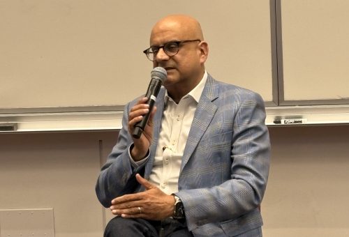 Deepak Hathiramani, co-founder and executive chairman of SteeleHarbour Capital Partners and founder of Vistronix Intelligence and Technology Solutions, speaks during a fireside chat at Startup Bazaar: GovCon at the University of Maryland in College Park.
