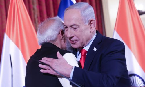 Indian Prime Minister Narendra Modi hugs Israeli Prime Minister Benjamin Netanyahu during a meeting in Israel in February 2026.