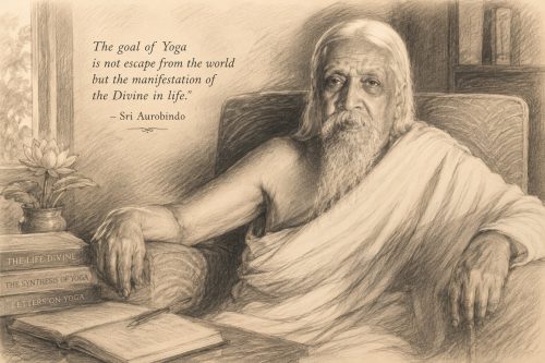 A serene portrait of Sri Aurobindo with long flowing hair and beard, gazing calmly against a soft, luminous background.