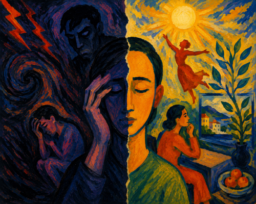 Alt Text for the image: AI generated expressionist-type painting is divided vertically into two contrasting halves. The left half uses deep blues and purples to portray emotional distress, featuring a person with head in hands, a looming shadowy figure, swirling dark shapes, and jagged lightning. The right half is filled with warm yellows, oranges, and greens, showing a radiant sun, a figure leaping joyfully, leafy branches, a bowl of fruit, and a person seated peacefully by a window overlooking a bright landscape. At the center, a serene face spans both halves, suggesting the journey from inner darkness toward hope, balance, and emotional recovery.