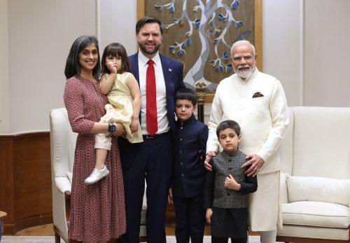 Indian Prime Minister Narendra Modi meets Vice President JD Vance, Second Lady Usha Vance, and their children at his residence in New Delhi on April 21, 2025.