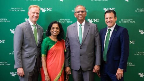 University of North Texas President Harrison Keller, Anuradha Sinha, Dr. Vikas Sinha and Brandon Buzbee at the announcement of the Sinhas’ $20 million gift to UNT.