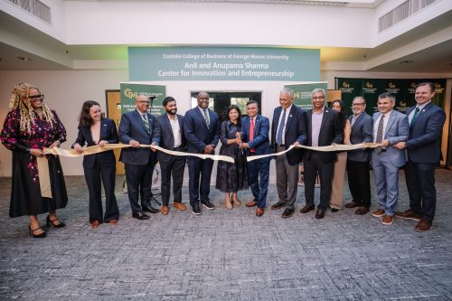 George Mason University renames entrepreneurship center for Anil and Anupama Sharma Anil and Anupama Sharma cut a ceremonial ribbon at George Mason University, joined by President Gregory Washington, Dean Ajay Vinze, Rector Sumeet Shrivastava and other attendees.