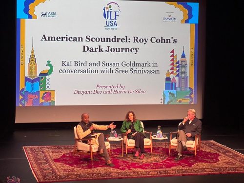 Sree Sreenivasan moderates a JLF New York panel with Pulitzer Prize-winning biographer Kai Bird and researcher Susan Goldmark on their book, “American Scoundrel: Roy Cohn’s Dark Journey.”